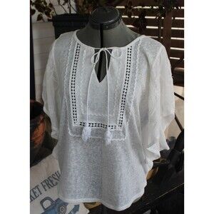 August Silk White Sheer with Lace & Ruffles Woman's Blouse Size Small